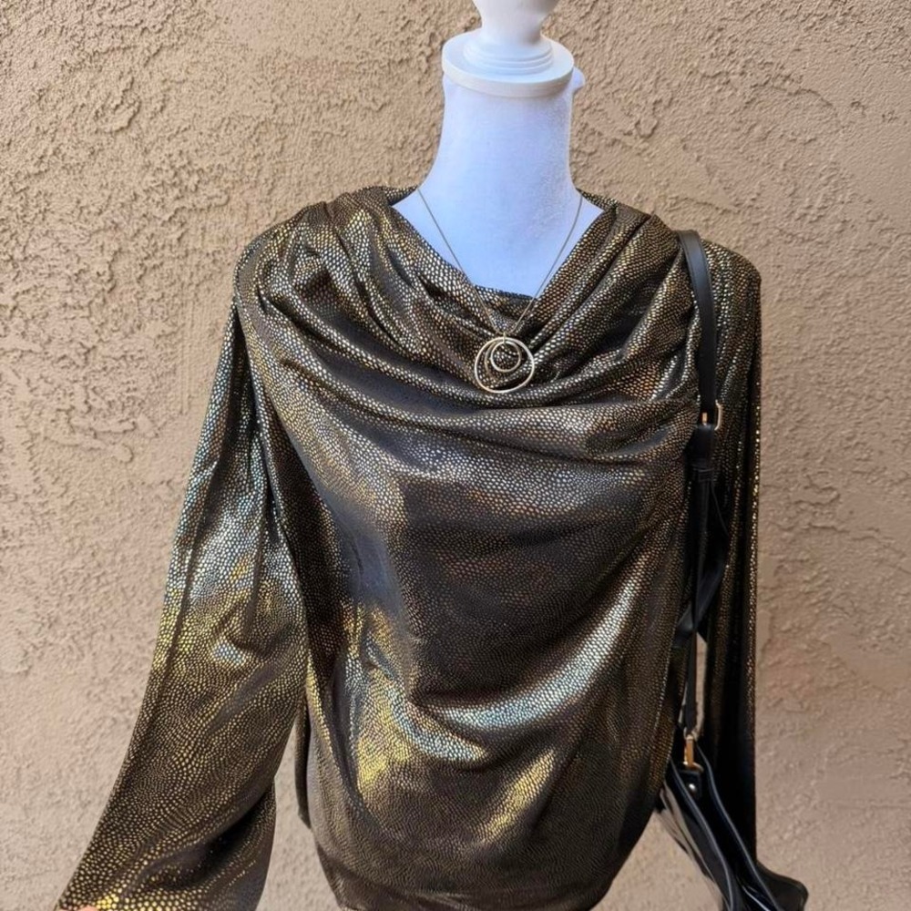 Vintage Nine West Gold metallic snakeskin print cowl neck top